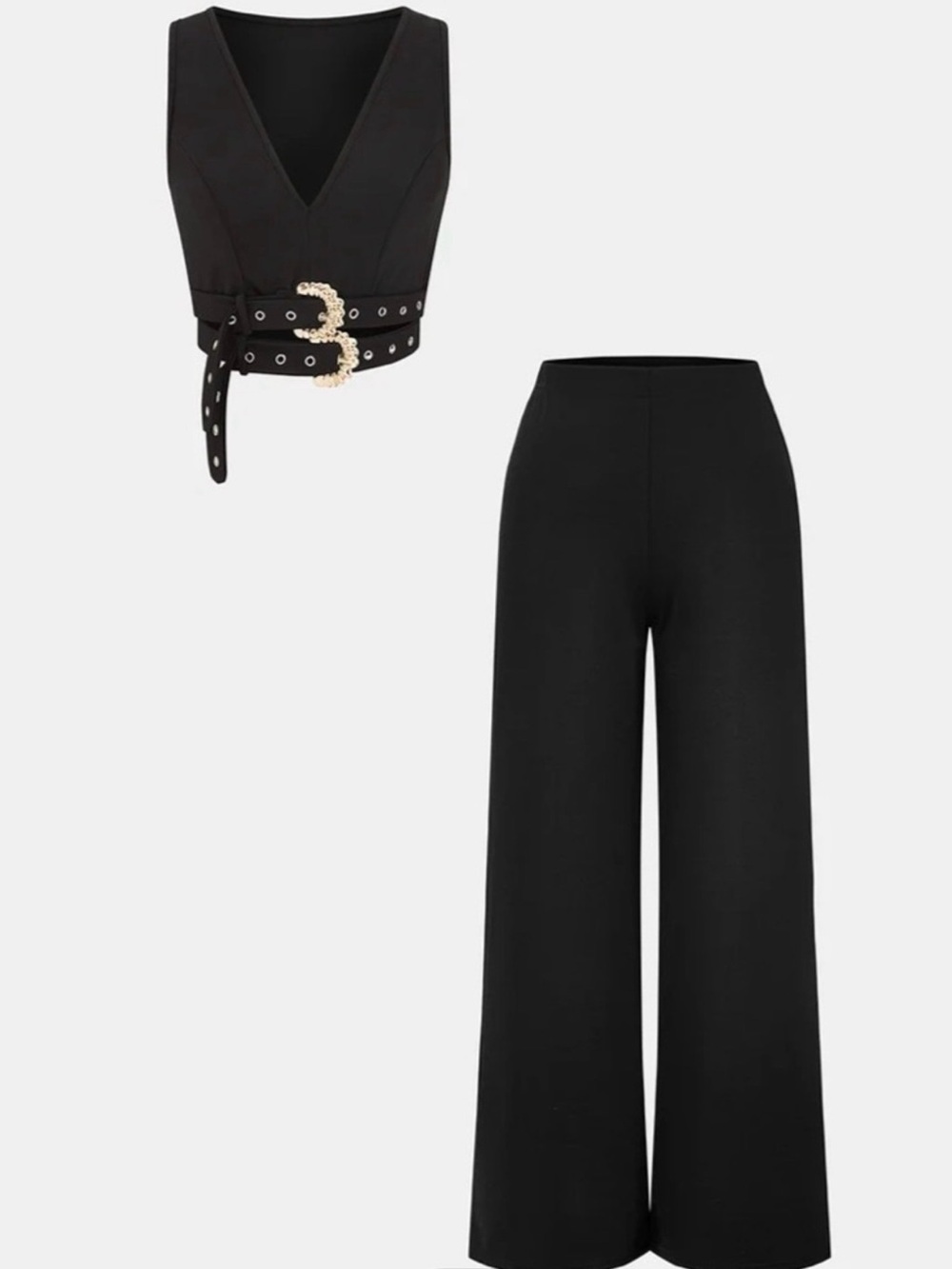 NWT Commense Black High-Waist Wide-Leg Pant Set with Buckle Detail - Picture 4 of 4